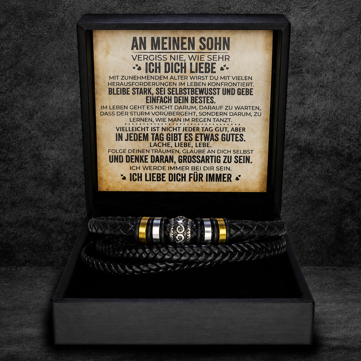 An meinen Sohn – Geflochtenes Edelstahl-Lederarmband